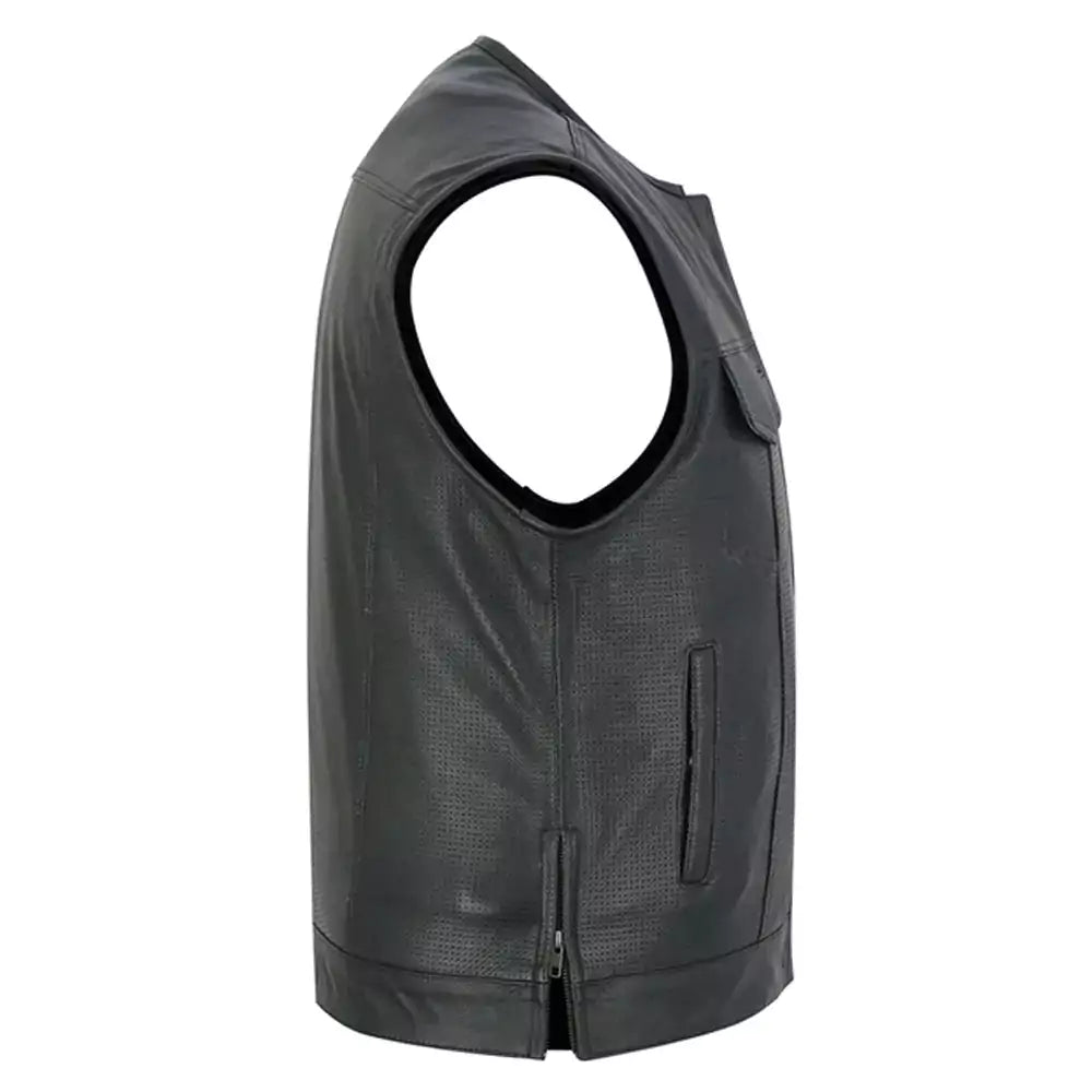 men’s premium perforated single back panel concealment vest mens black leather motorcycle vests for sale