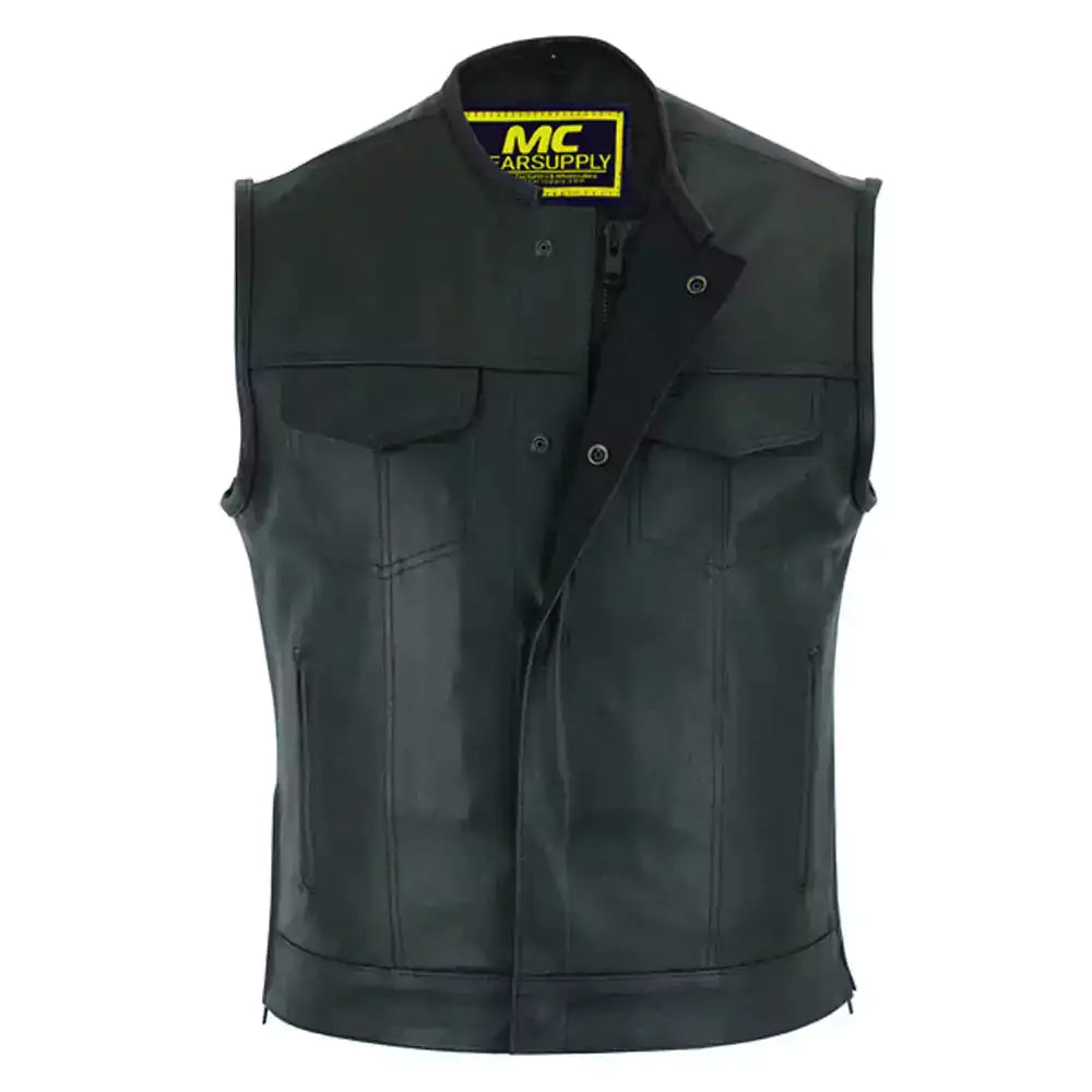 mens genuine motorcycle leather vest waistcoat with cargo pockets