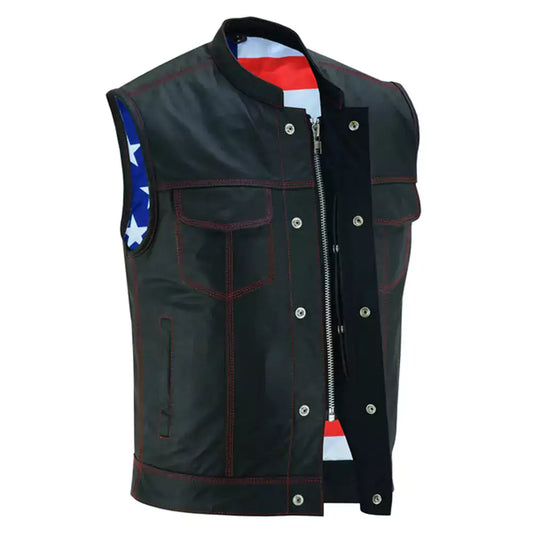 MC20132 MEN’S LEATHER VEST WITH RED STITCHING AND USA INSIDE FLAG LINING WITH SCOO