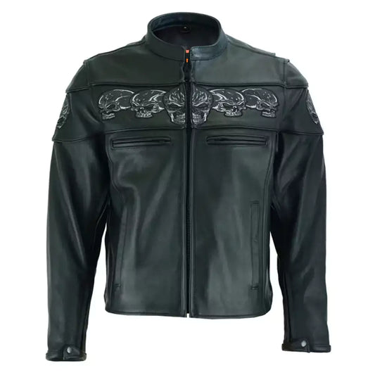 Leather Motorcycle Jacket with Reflective Skulls MC10114