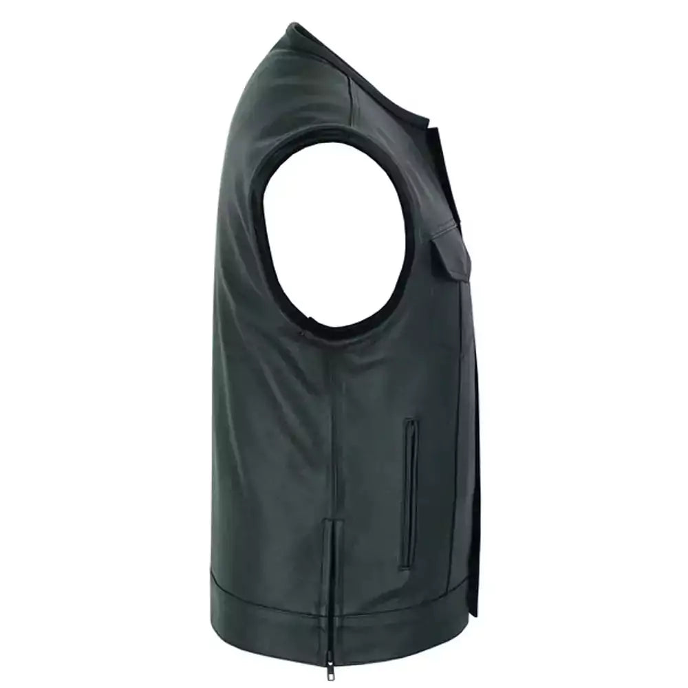 mens genuine motorcycle leather vest waistcoat with cargo pockets