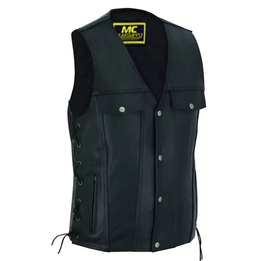 MC20103 MEN’S BLACK LEATHER VEST WITH SIDE LACES AND GUN POCKETS