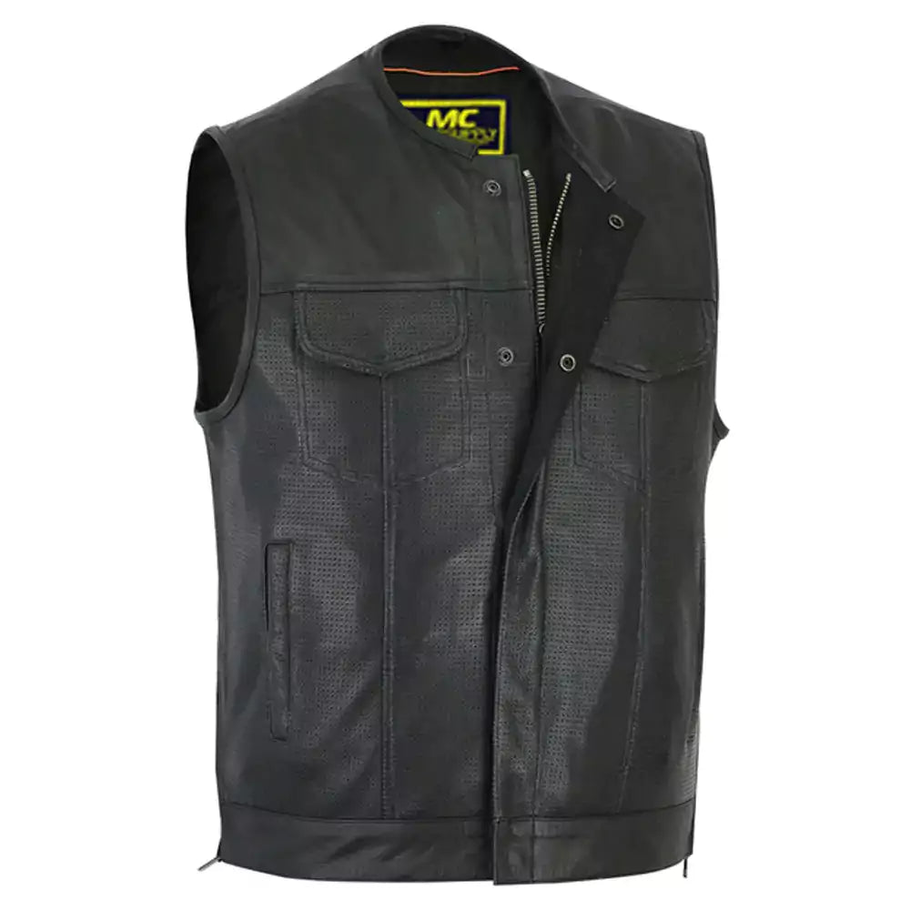 men’s premium perforated single back panel concealment vest mens black leather motorcycle vests for sale