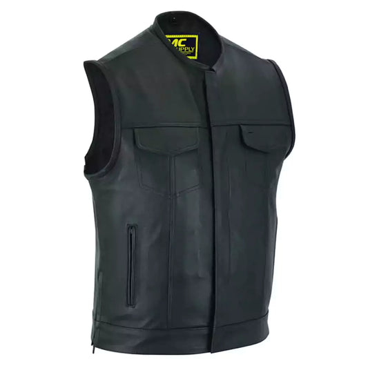 mens genuine motorcycle leather vest waistcoat with cargo pockets