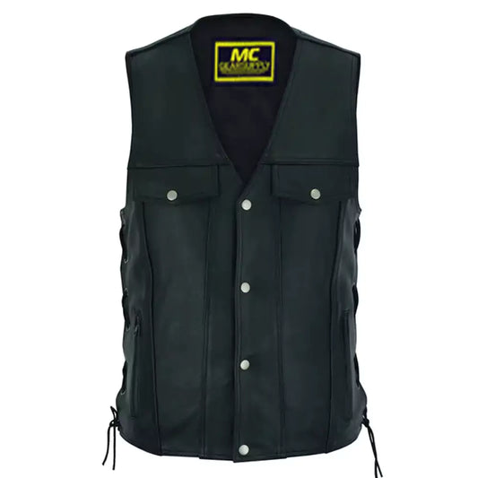 MC20103 MEN’S BLACK LEATHER VEST WITH SIDE LACES AND GUN POCKETS