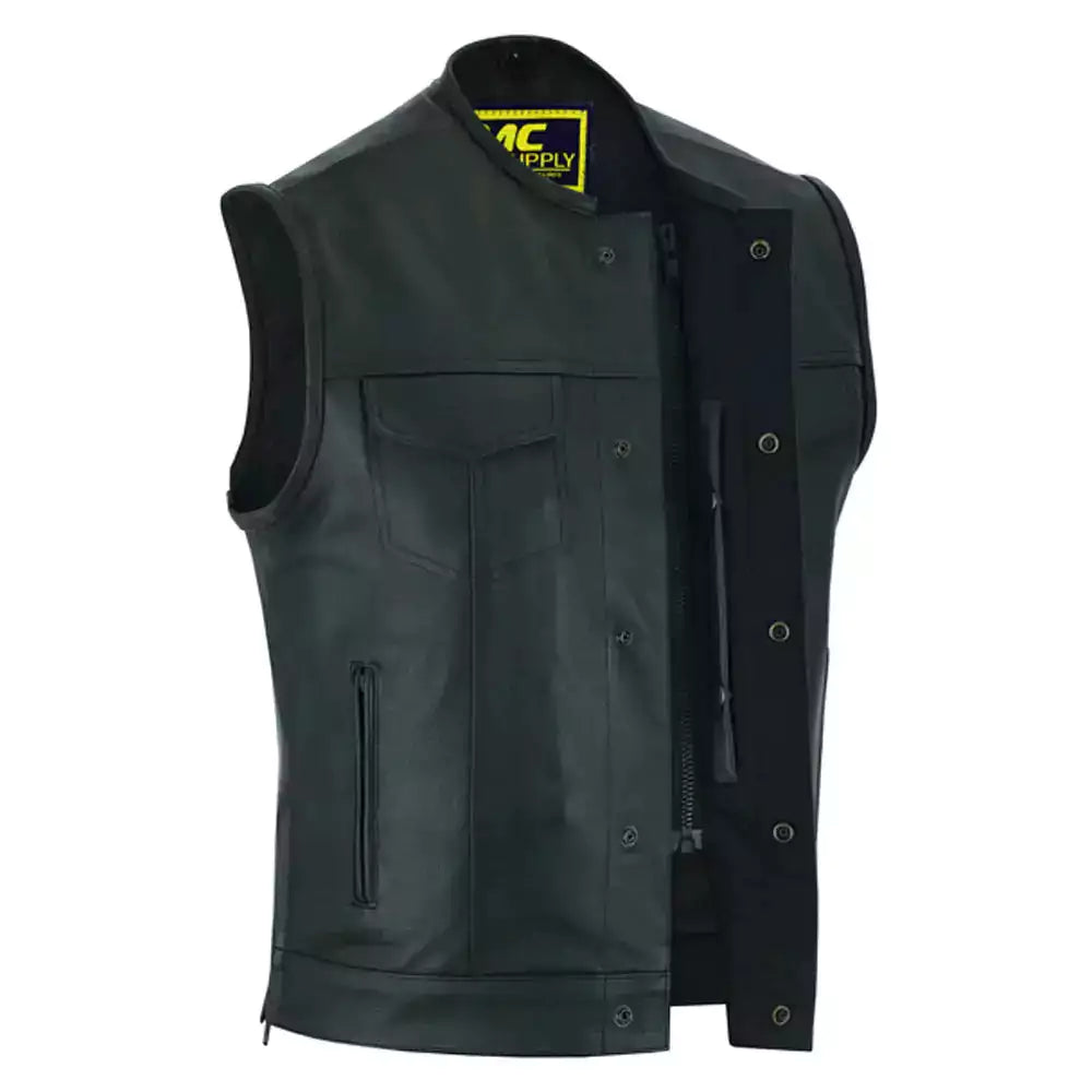 mens genuine motorcycle leather vest waistcoat with cargo pockets