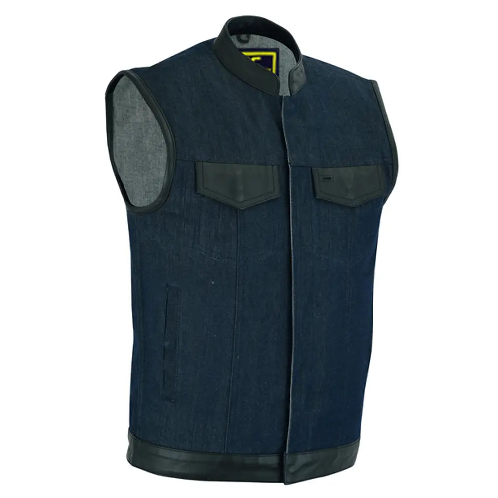 mens broken blue roughrub-off raw finish denim vest leather trim- scoop 