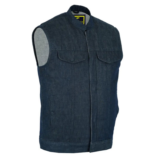 mens blue rough rub-off raw finish denim vest