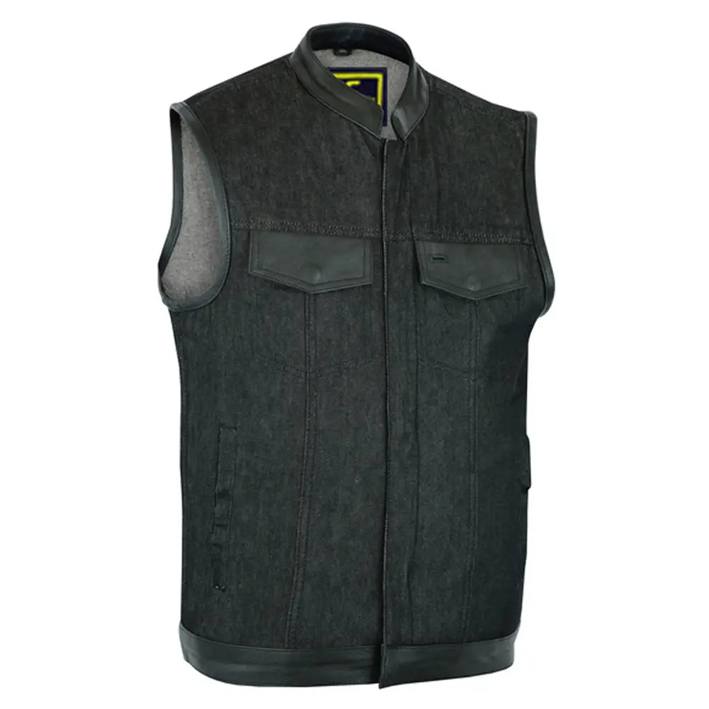 mens rough rub-off raw finish denim vest leather trim - scoop collar 