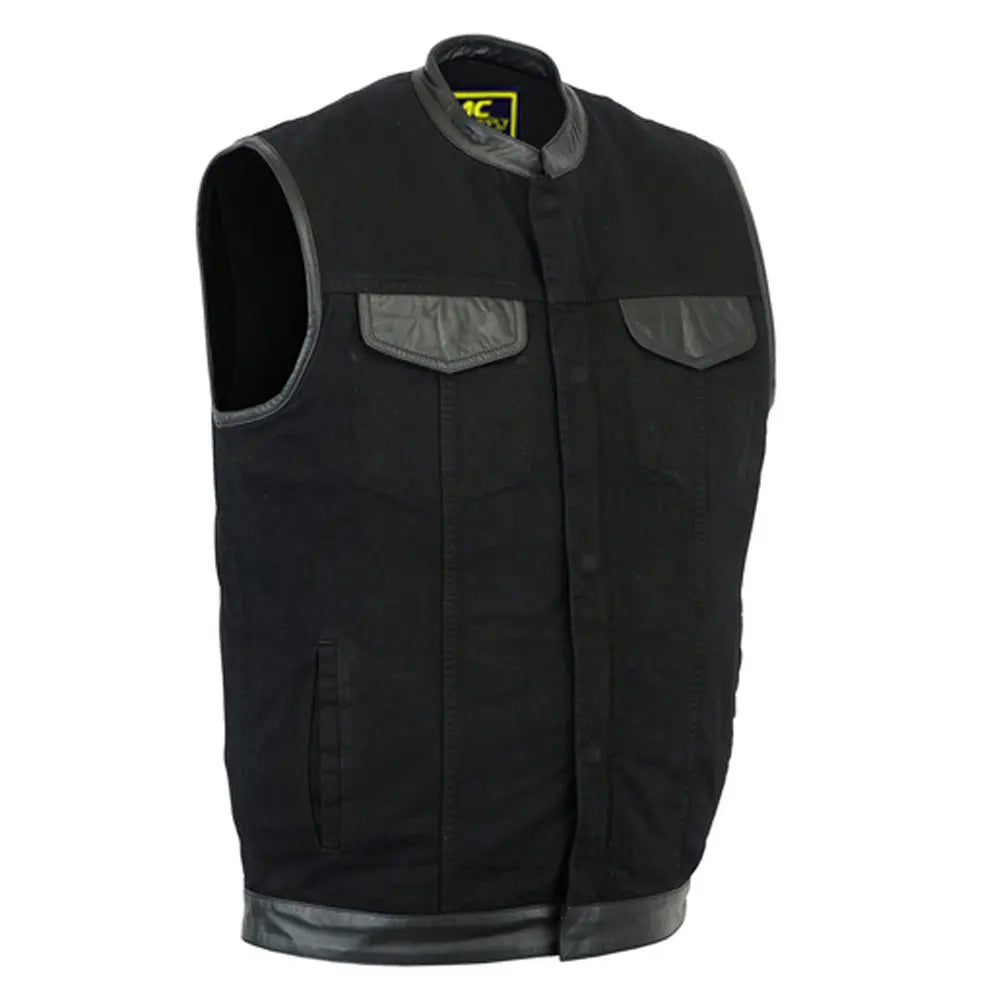 mens black denim single panel concealment vest leather trim