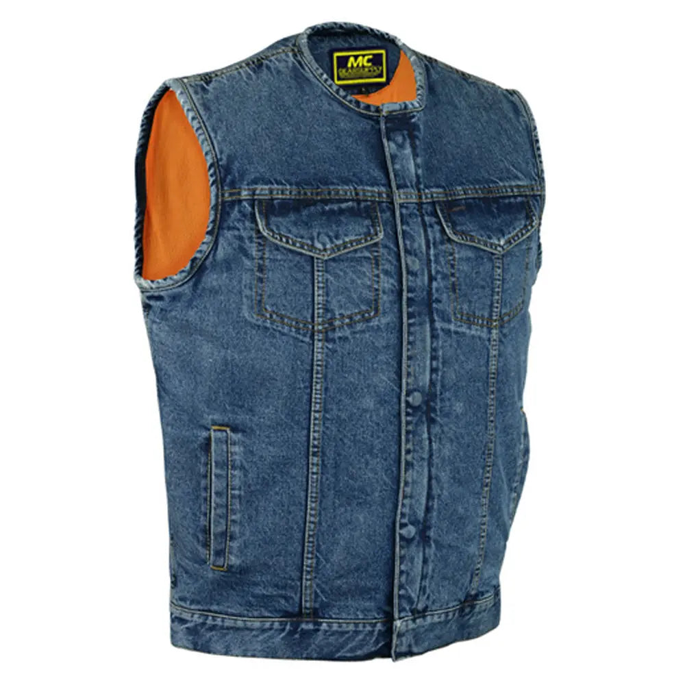 concealed snaps, blue jeans vest, hidden zipper, w/o collar 