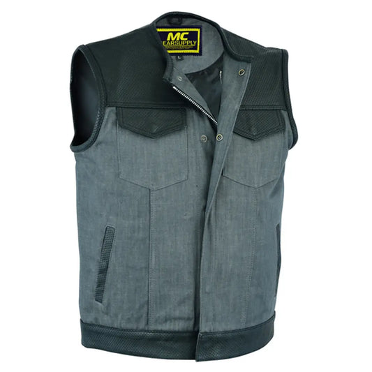 mens perforated leather/denim combo vest black - ash gray