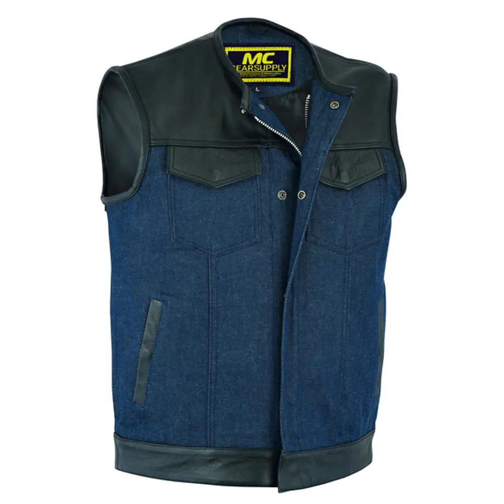 mens leather denim combo vest black-broken blue