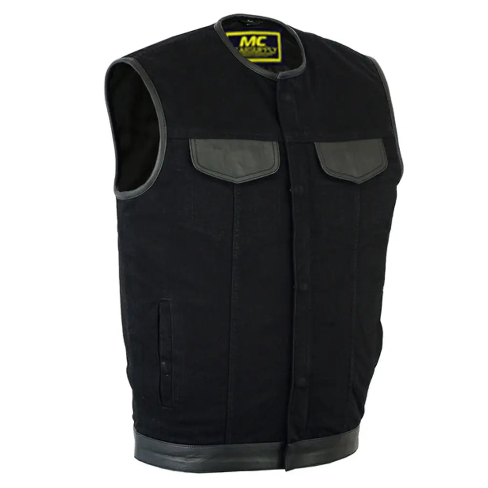 mens black denim single panel concealment vest leather trim- w/o collar