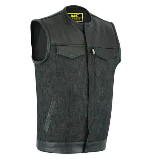 mens leather denim combo vest without collar