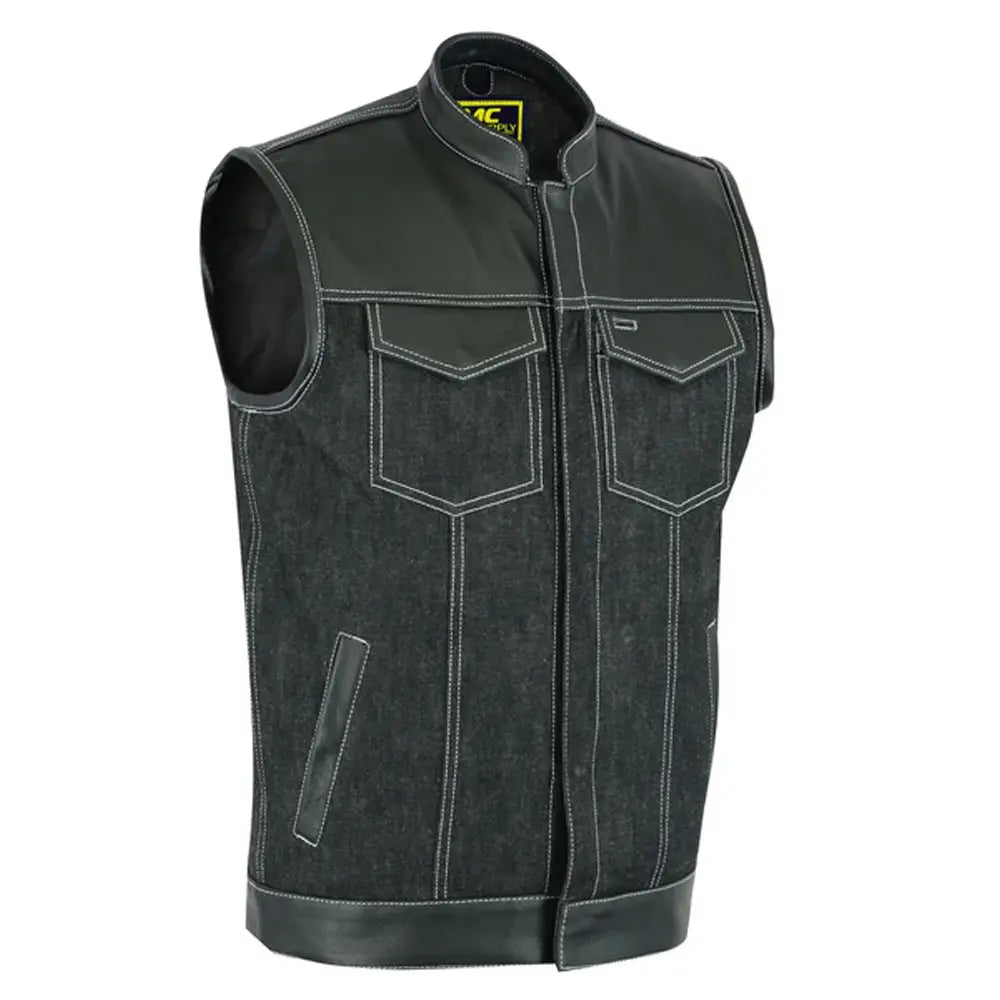 mens leather denim combo vest