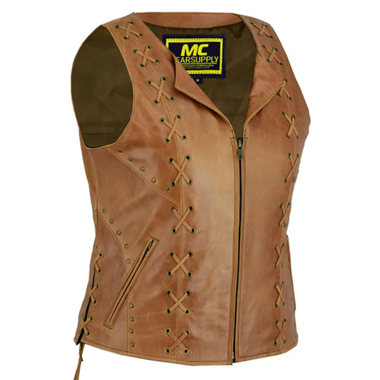 MC40120 WOMEN’S BROWN ZIPPERED VEST WITH LACING DETAILS