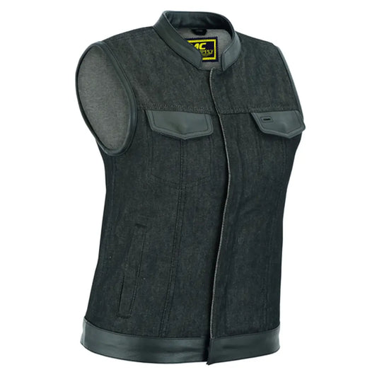 MC40123 WOMEN’S ROUGH RUB OFF RAW FINISH DENIM VEST WITH LEATHER TRIM