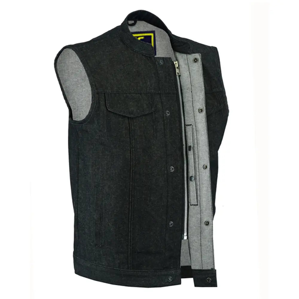 mens rough rub-off raw finish denim vest