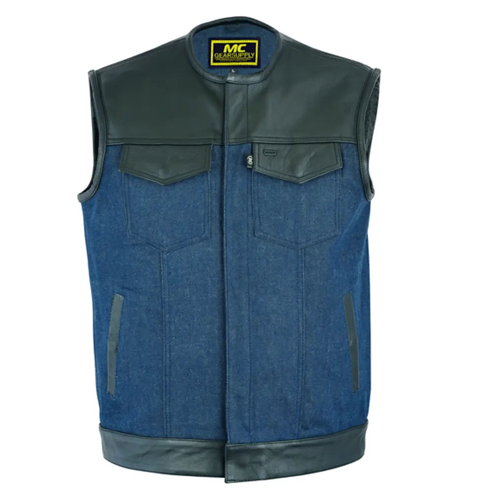 mens leather denim combo vest black-broken blue