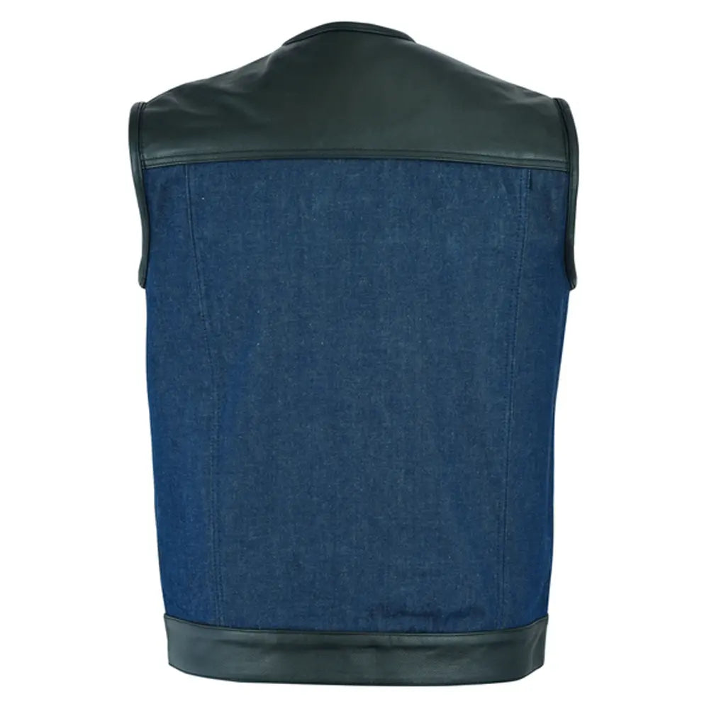 mens leather denim combo vest black-broken blue