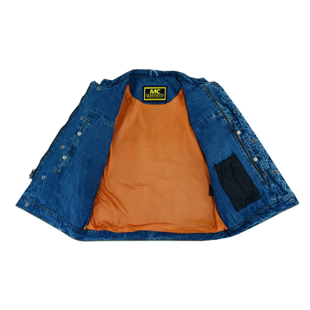 concealed snap closure, blue denim material, scoop collar & hidden zipper