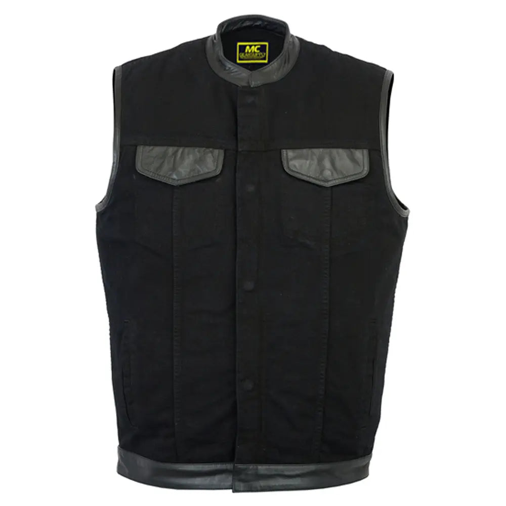 mens black denim single panel concealment vest leather trim