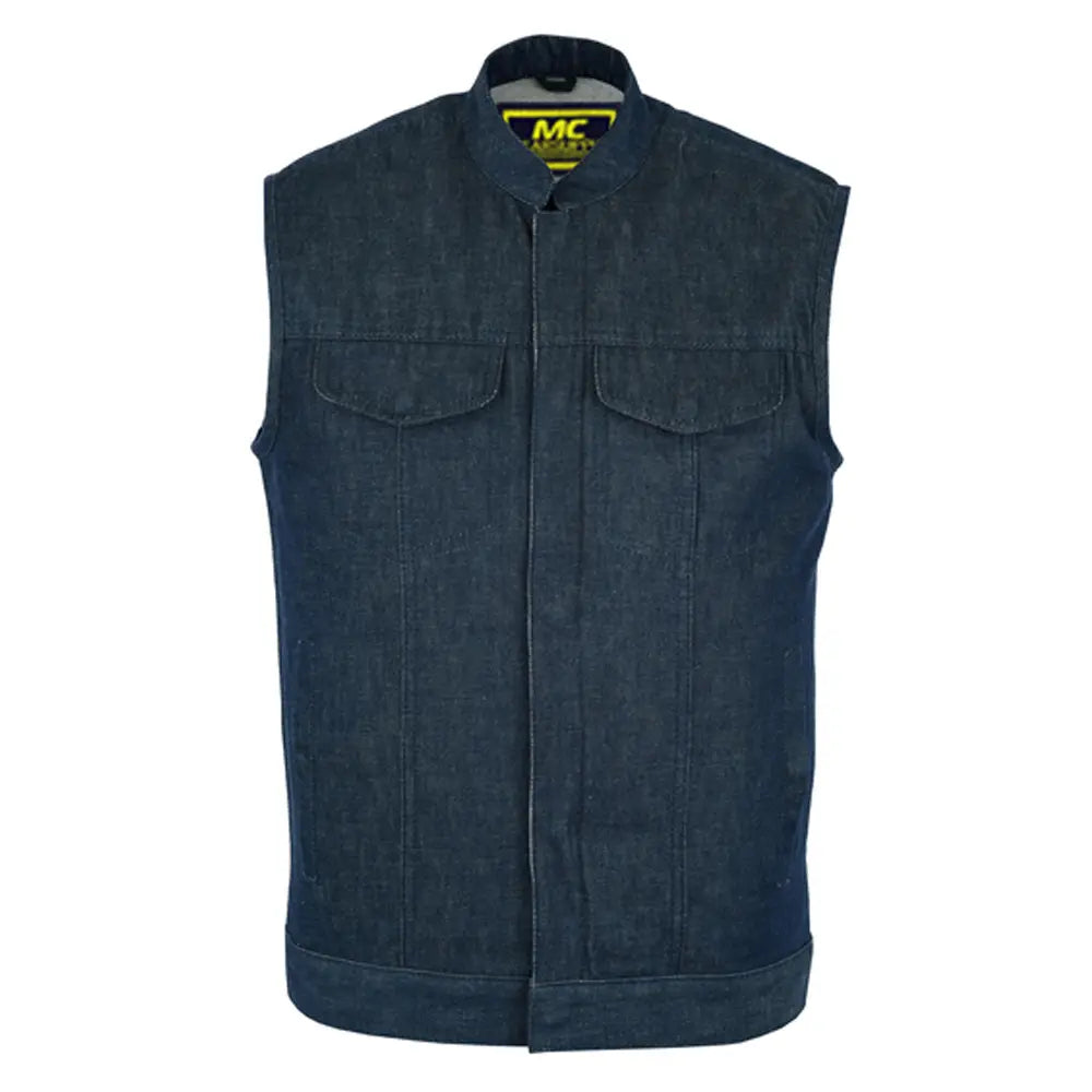 mens blue rough rub-off raw finish denim vest