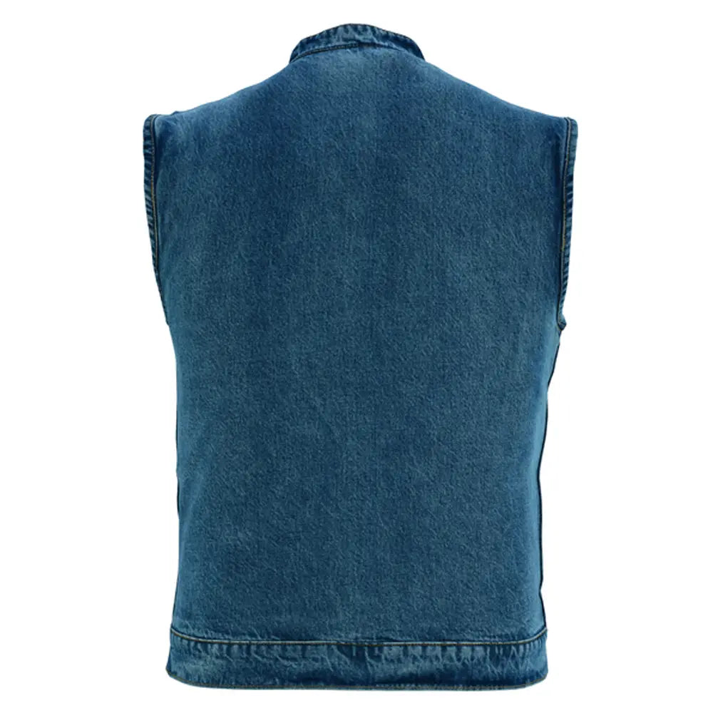 concealed snap closure, blue denim material, scoop collar & hidden zipper