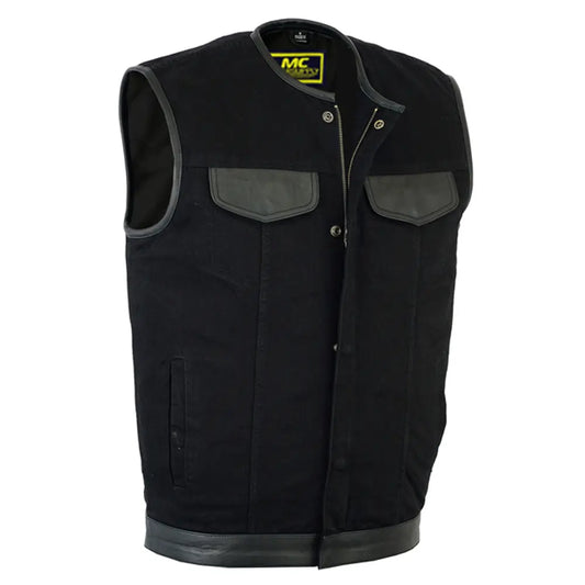 mens black denim single panel concealment vest leather trim- w/o collar