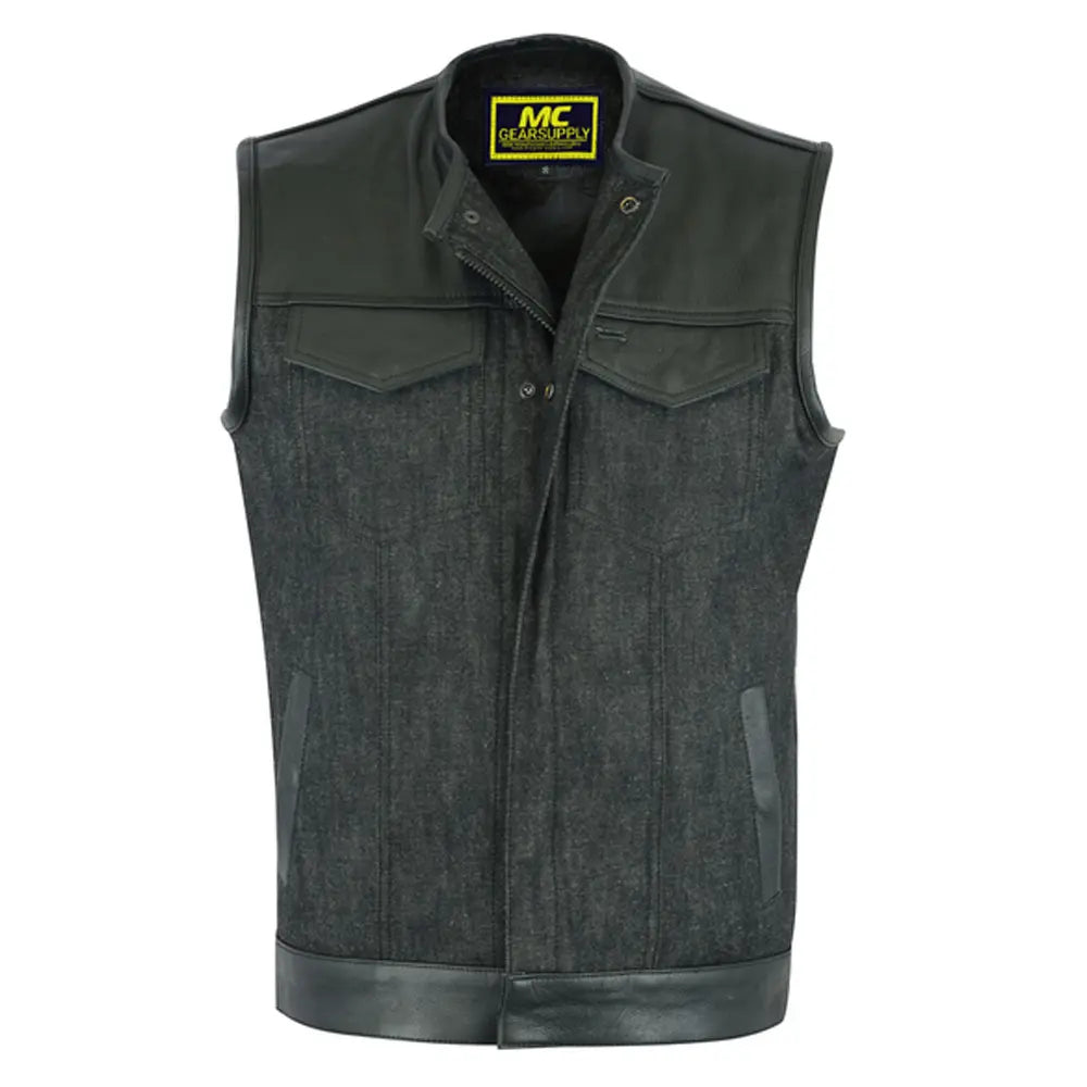 mens leather denim combo vest without collar