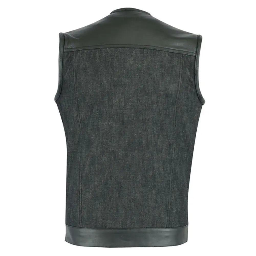 mens leather denim combo vest without collar