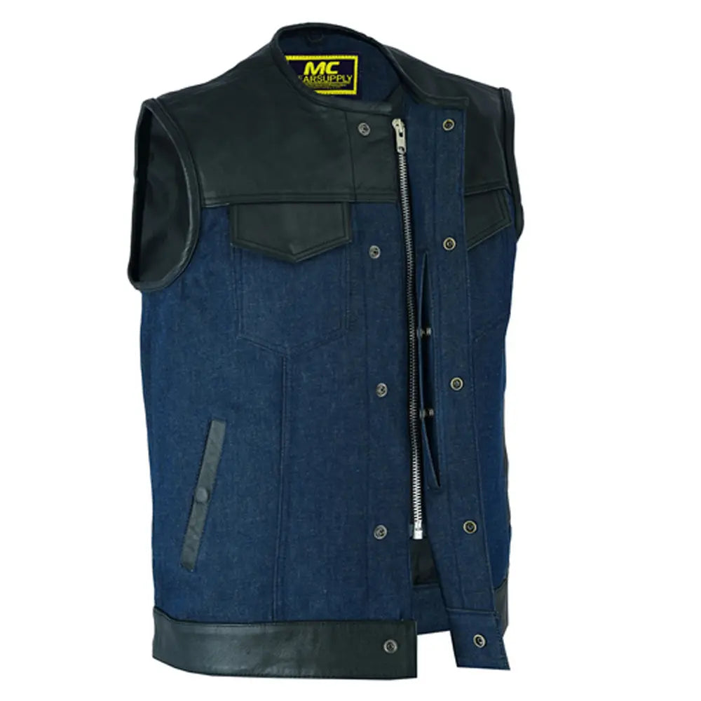 mens leather denim combo vest black-broken blue