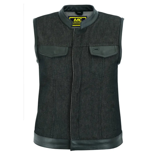 MC40123 WOMEN’S ROUGH RUB OFF RAW FINISH DENIM VEST WITH LEATHER TRIM