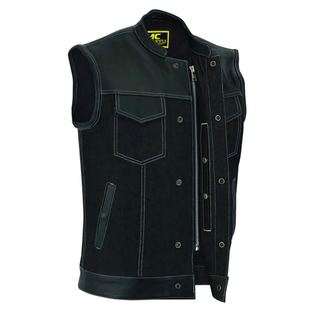 mens leather denim combo vest