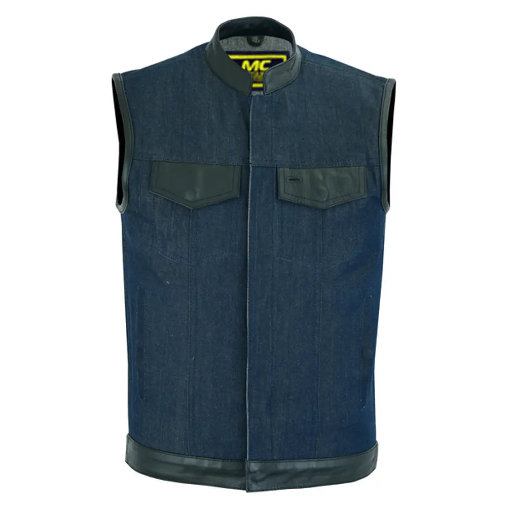 mens broken blue roughrub-off raw finish denim vest leather trim- scoop 