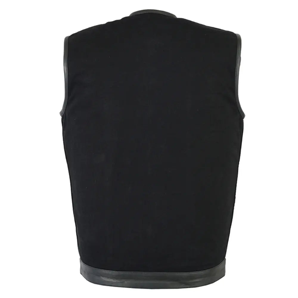 mens black denim single panel concealment vest leather trim- w/o collar