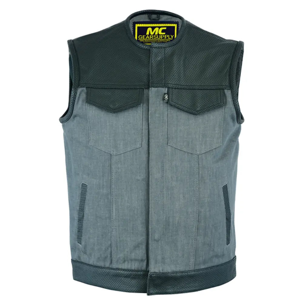 mens perforated leather/denim combo vest black - ash gray