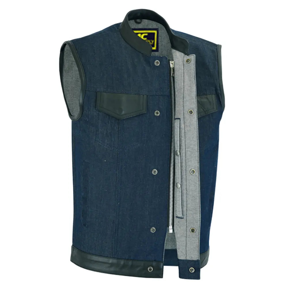 mens broken blue roughrub-off raw finish denim vest leather trim- scoop 