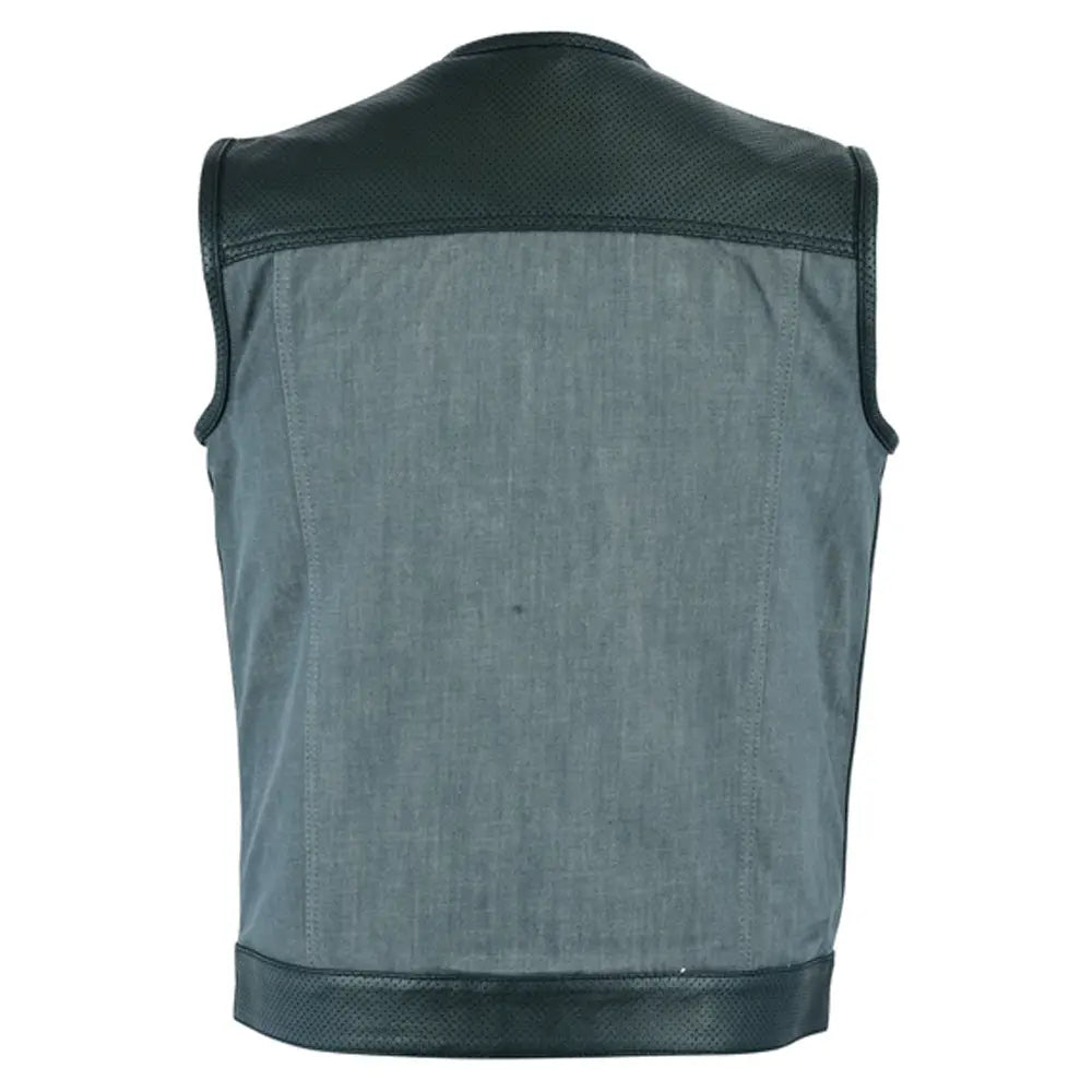 mens perforated leather/denim combo vest black - ash gray