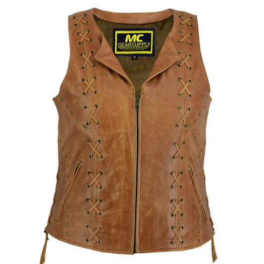 MC40120 WOMEN’S BROWN ZIPPERED VEST WITH LACING DETAILS